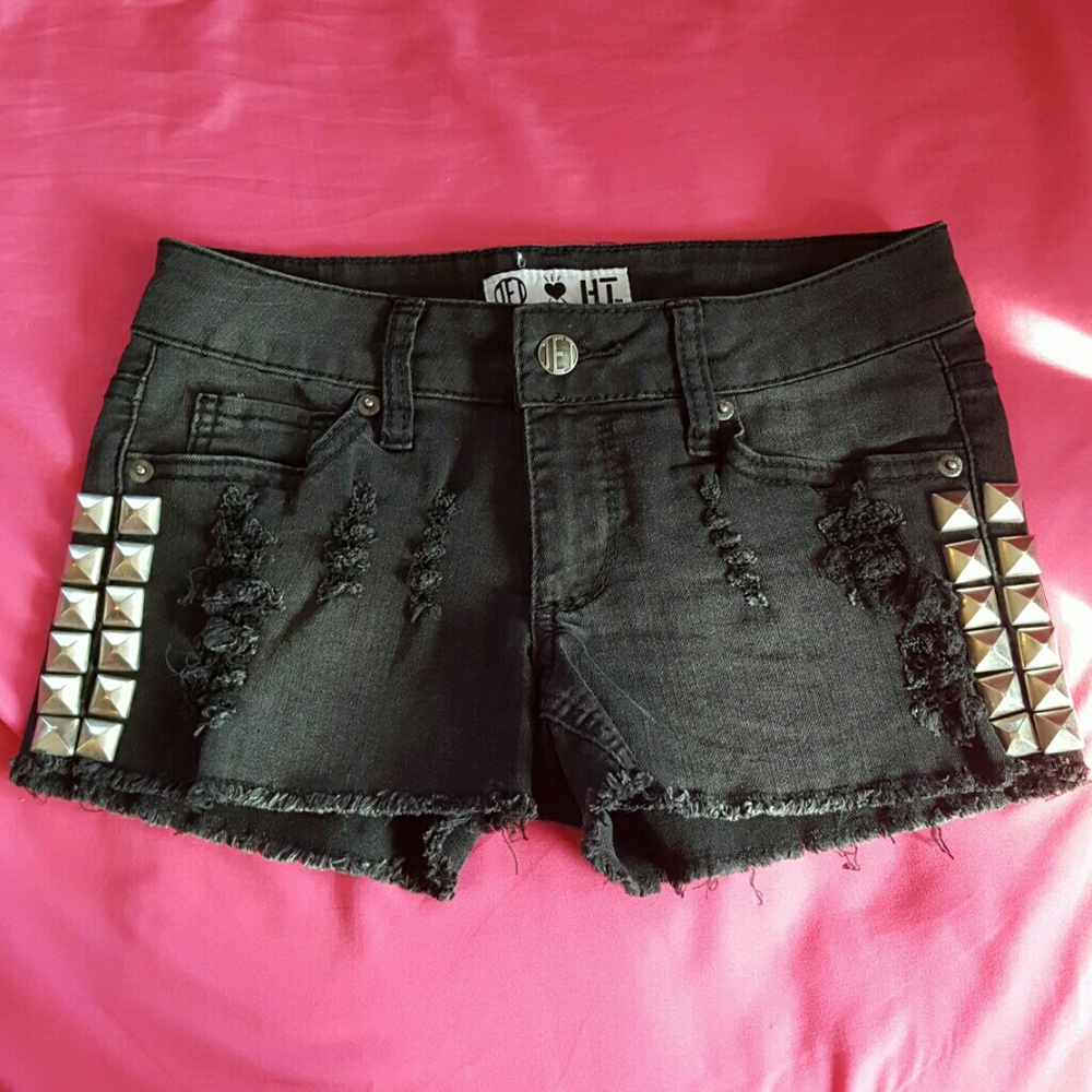 JET black distressed cut off shorts with studs